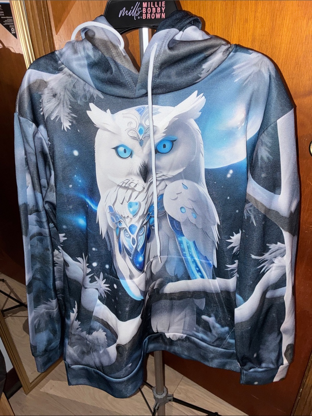Blue & White Owl Graphic Hoodie Sweatshirt -